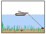 A taut elastic keeps a mooring line elevated avoiding drag